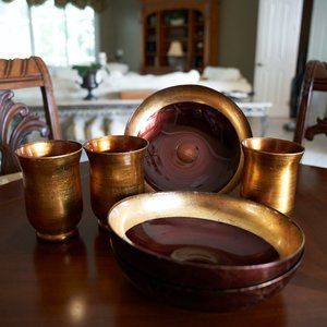 Set of 3 Italian art glass bowls & 3 vases. Golden